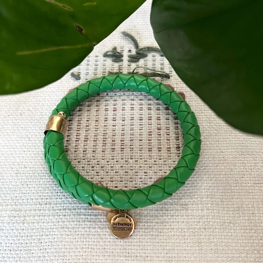 Alex & Ani Women’s Green Leather Braided Wrap Gold Tone Bracelet With Dust Bag
